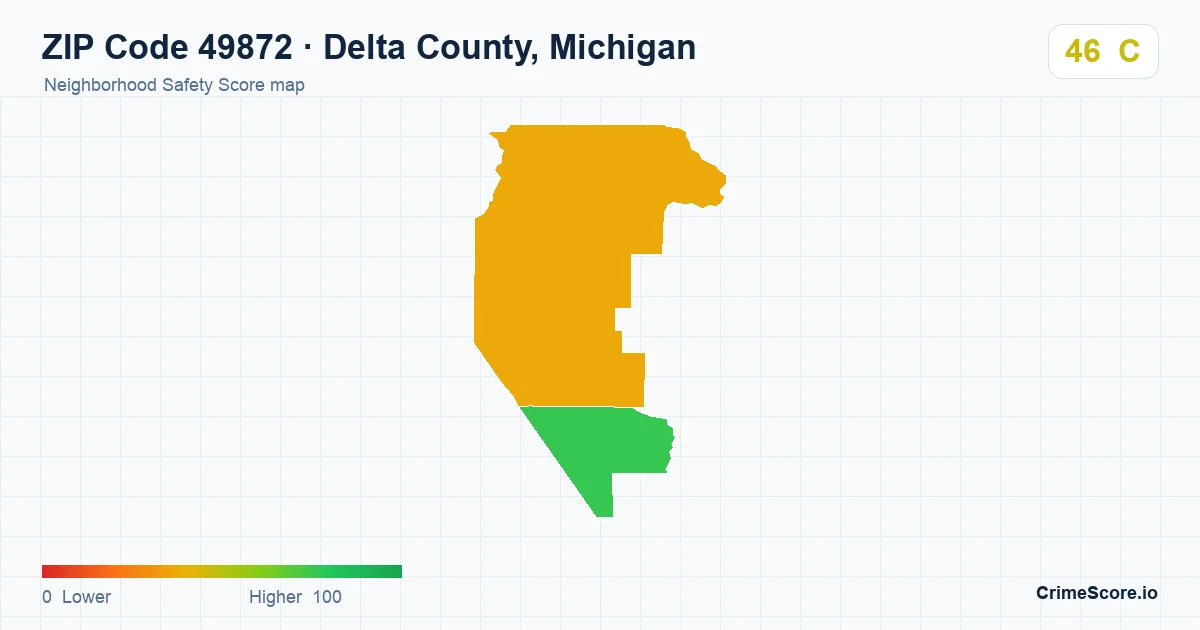 ZIP Code 49872 in Delta County, Michigan neighborhood Safety Score map