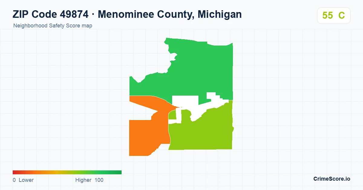 ZIP Code 49874 in Menominee County, Michigan neighborhood Safety Score map