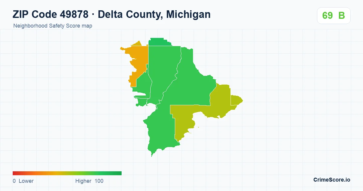 ZIP Code 49878 in Delta County, Michigan neighborhood Safety Score map
