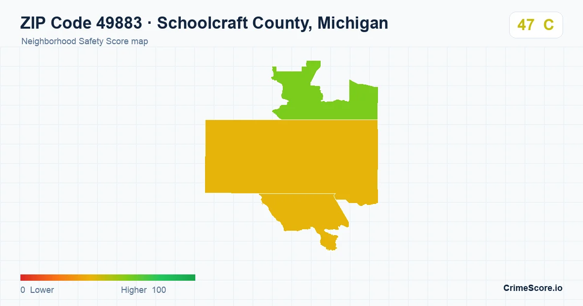 ZIP Code 49883 in Schoolcraft County, Michigan neighborhood Safety Score map