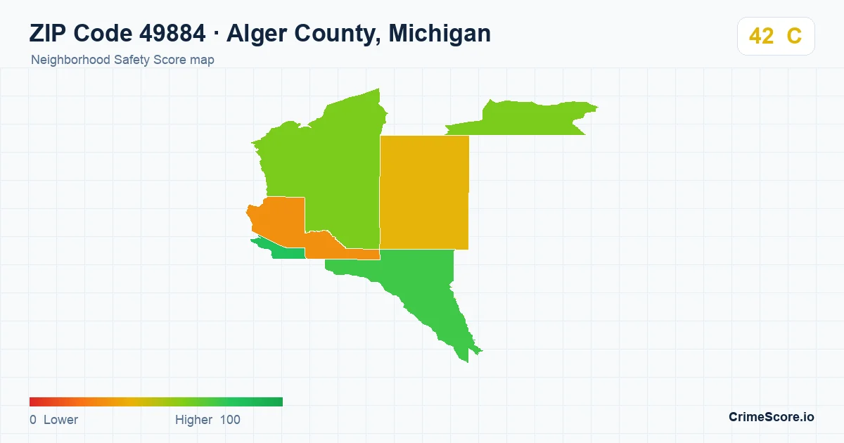ZIP Code 49884 in Alger County, Michigan neighborhood Safety Score map