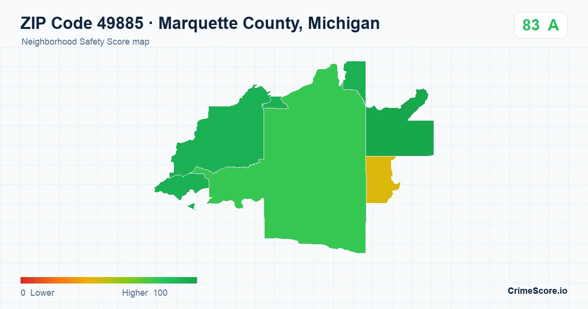 ZIP Code 49885 in Marquette County, Michigan neighborhood Safety Score map
