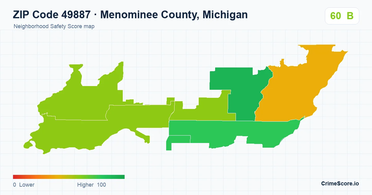 ZIP Code 49887 in Menominee County, Michigan neighborhood Safety Score map