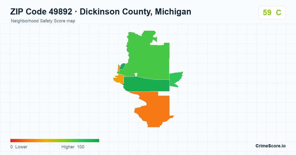 ZIP Code 49892 in Dickinson County, Michigan neighborhood Safety Score map