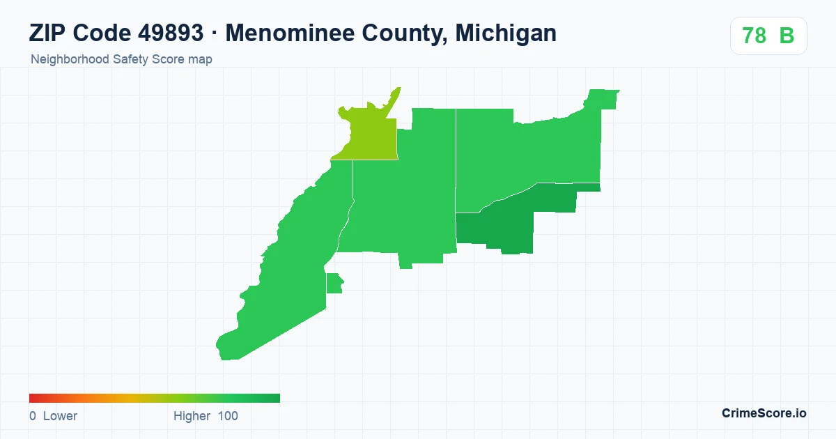ZIP Code 49893 in Menominee County, Michigan neighborhood Safety Score map