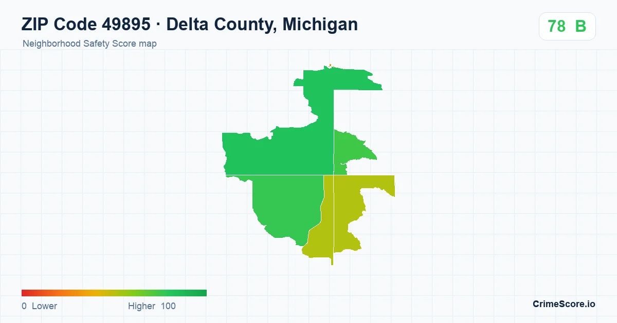 ZIP Code 49895 in Delta County, Michigan neighborhood Safety Score map