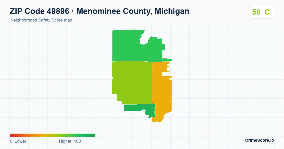 ZIP Code 49896 in Menominee County, Michigan neighborhood Safety Score map