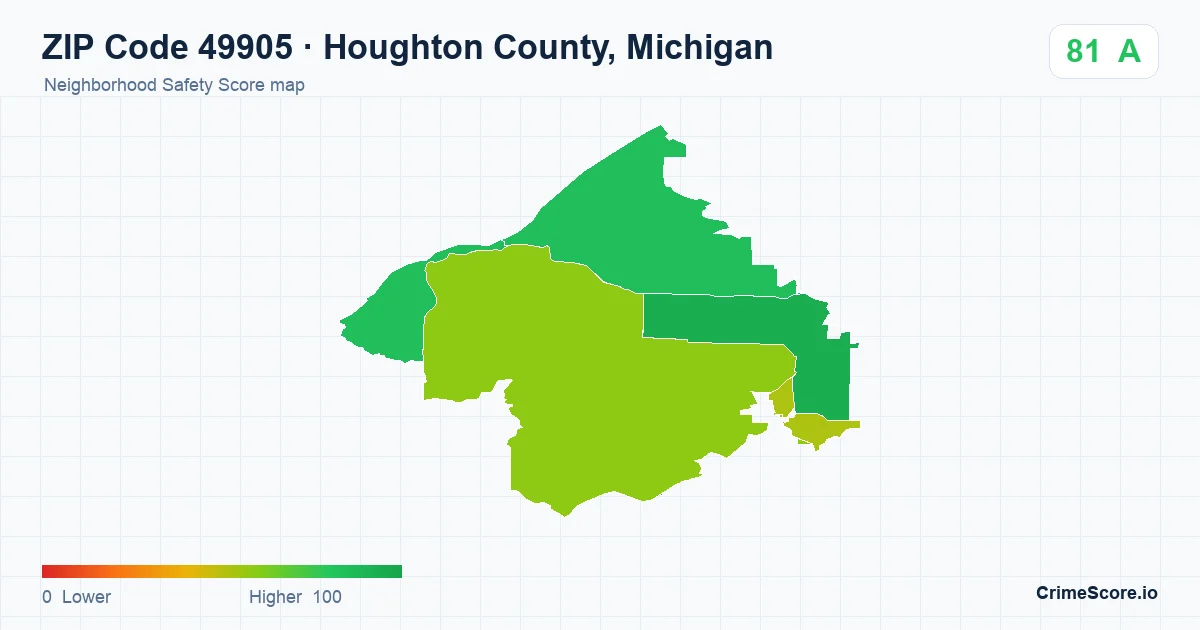 ZIP Code 49905 in Houghton County, Michigan neighborhood Safety Score map