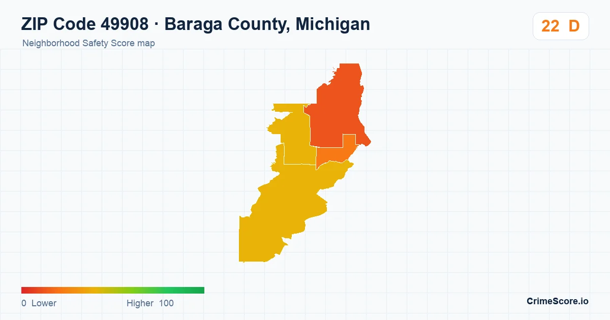 ZIP Code 49908 in Baraga County, Michigan neighborhood Safety Score map