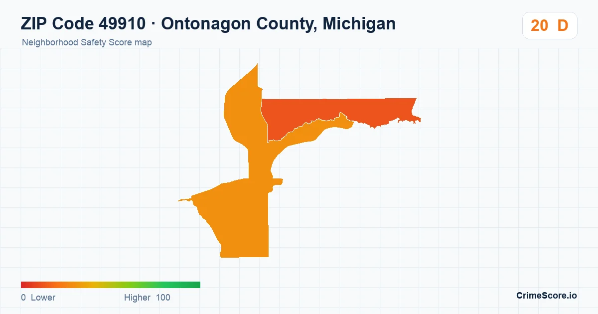 ZIP Code 49910 in Ontonagon County, Michigan neighborhood Safety Score map