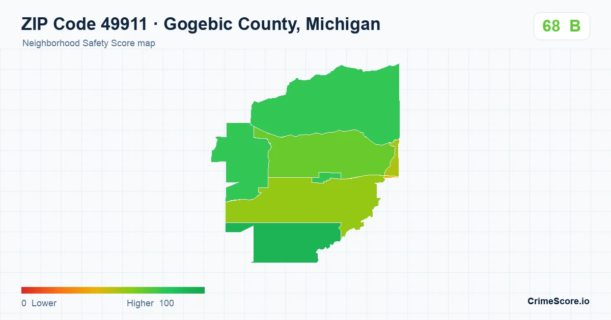 ZIP Code 49911 in Gogebic County, Michigan neighborhood Safety Score map
