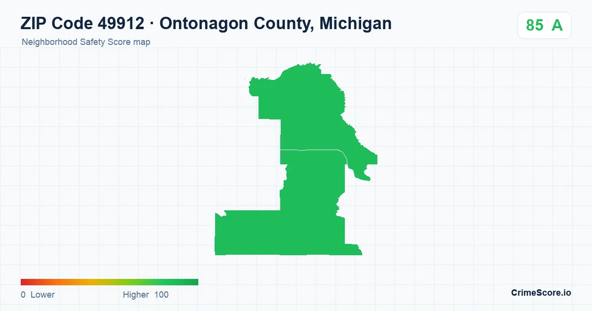 ZIP Code 49912 in Ontonagon County, Michigan neighborhood Safety Score map