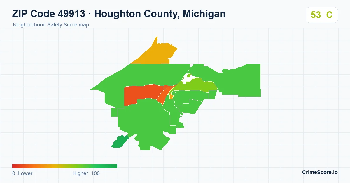 ZIP Code 49913 in Houghton County, Michigan neighborhood Safety Score map