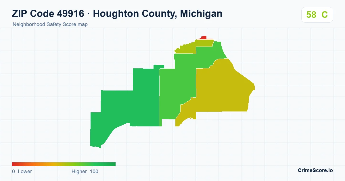 ZIP Code 49916 in Houghton County, Michigan neighborhood Safety Score map
