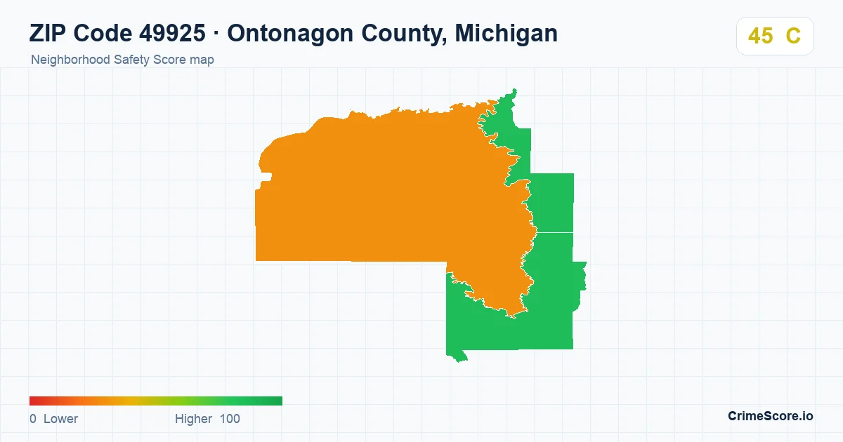 ZIP Code 49925 in Ontonagon County, Michigan neighborhood Safety Score map