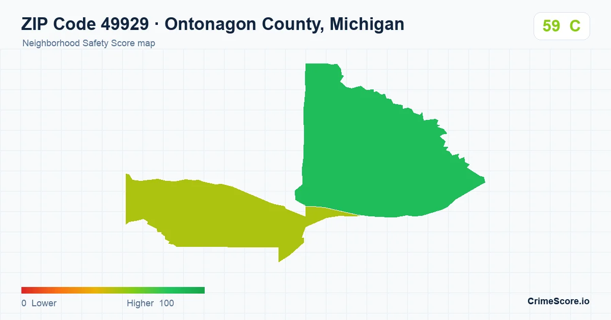 ZIP Code 49929 in Ontonagon County, Michigan neighborhood Safety Score map