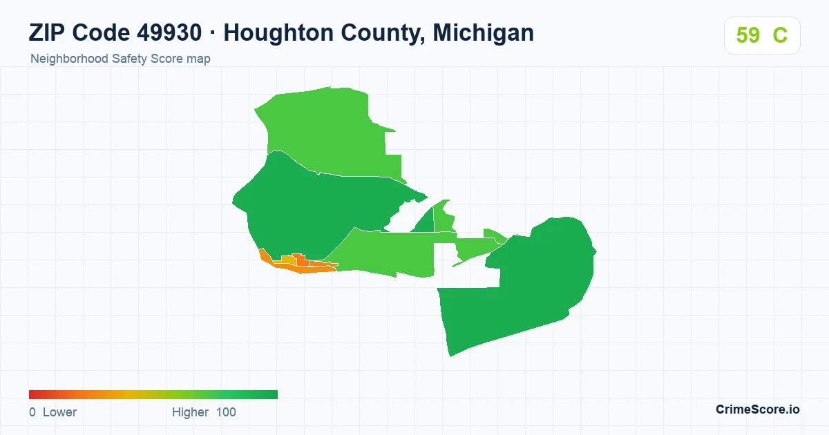 ZIP Code 49930 in Houghton County, Michigan neighborhood Safety Score map