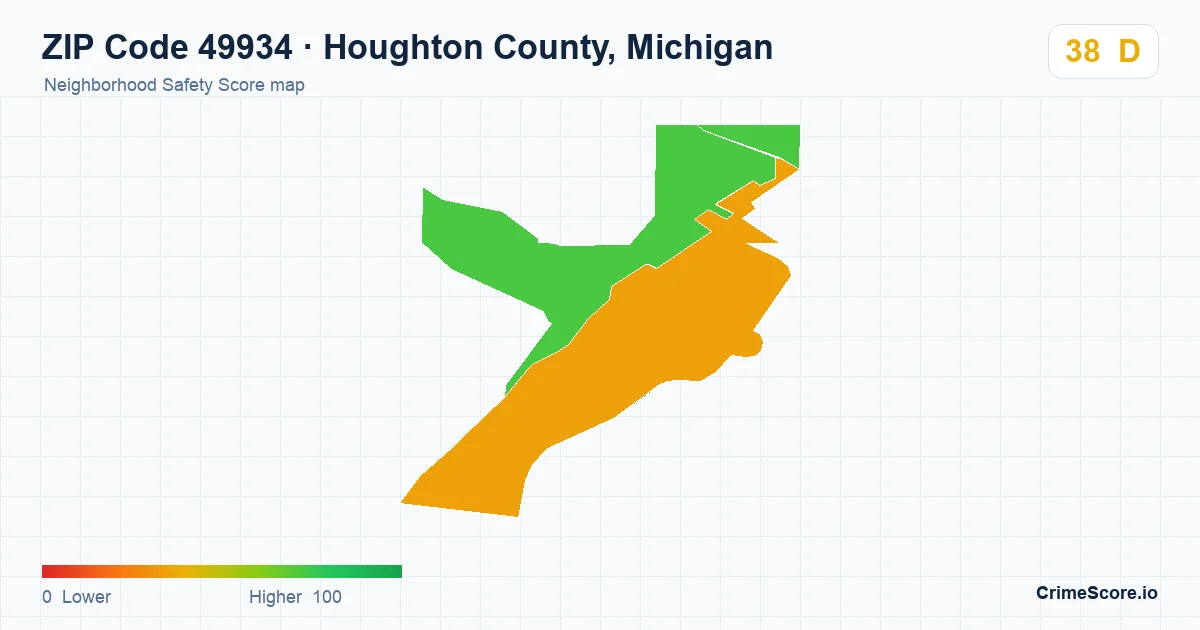 ZIP Code 49934 in Houghton County, Michigan neighborhood Safety Score map