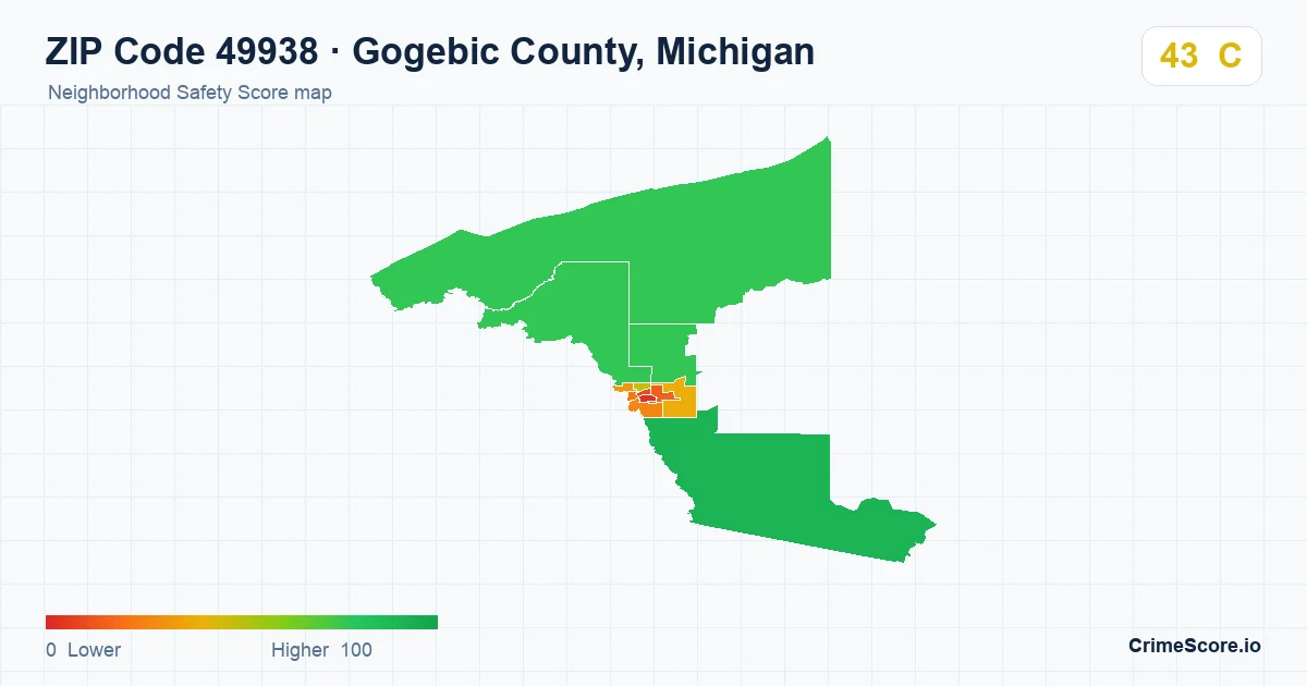 ZIP Code 49938 in Gogebic County, Michigan neighborhood Safety Score map