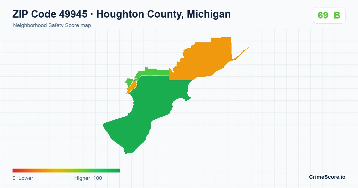 ZIP Code 49945 in Houghton County, Michigan neighborhood Safety Score map