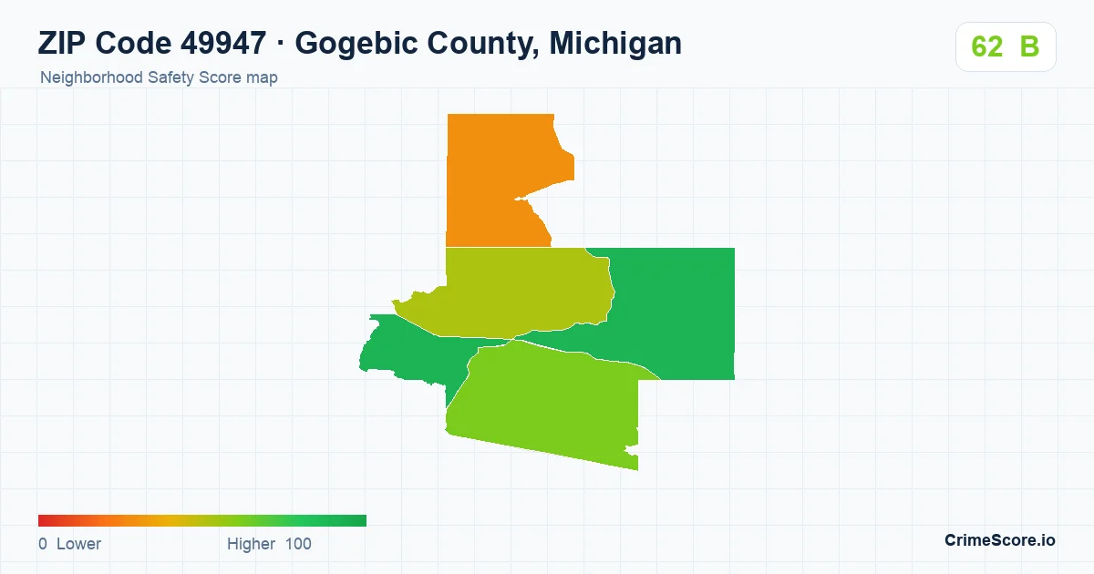 ZIP Code 49947 in Gogebic County, Michigan neighborhood Safety Score map