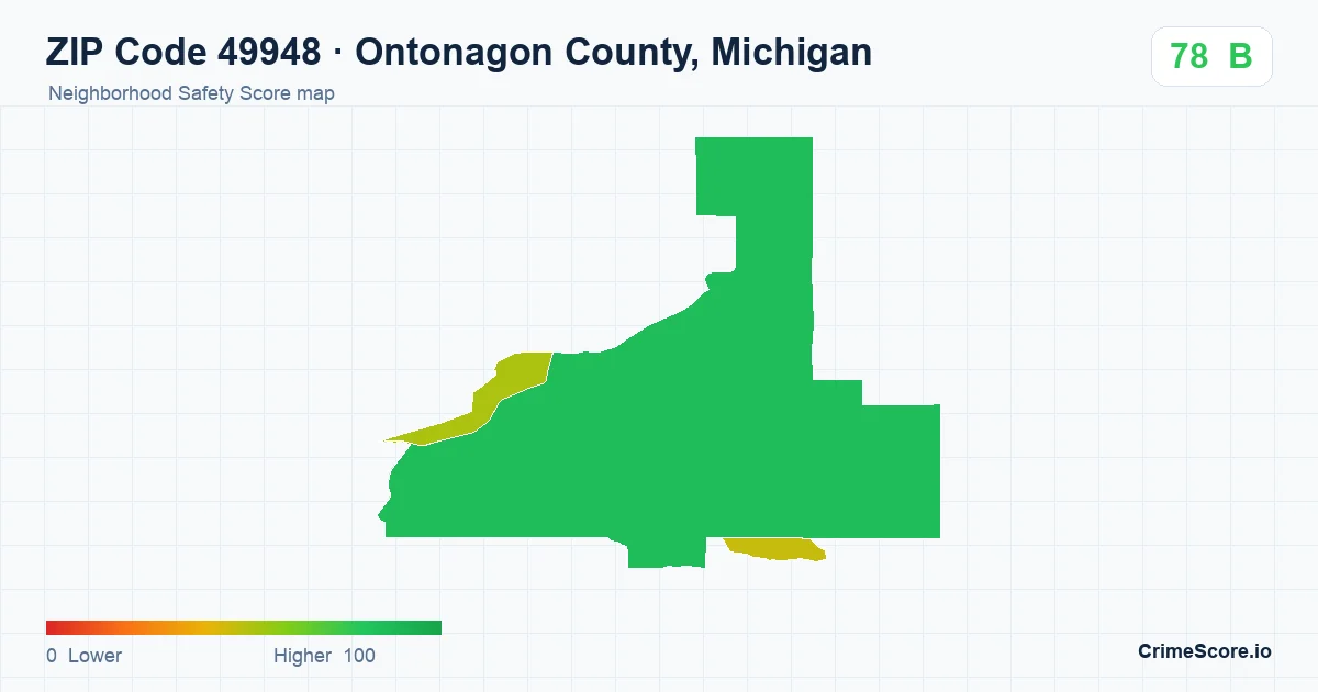 ZIP Code 49948 in Ontonagon County, Michigan neighborhood Safety Score map