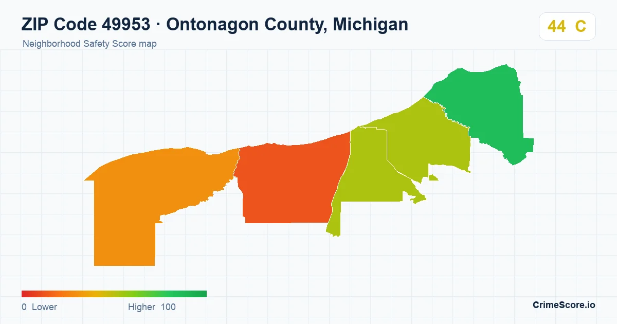 ZIP Code 49953 in Ontonagon County, Michigan neighborhood Safety Score map