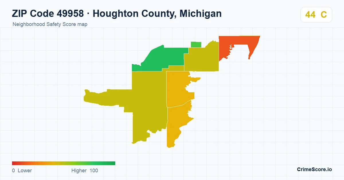 ZIP Code 49958 in Houghton County, Michigan neighborhood Safety Score map