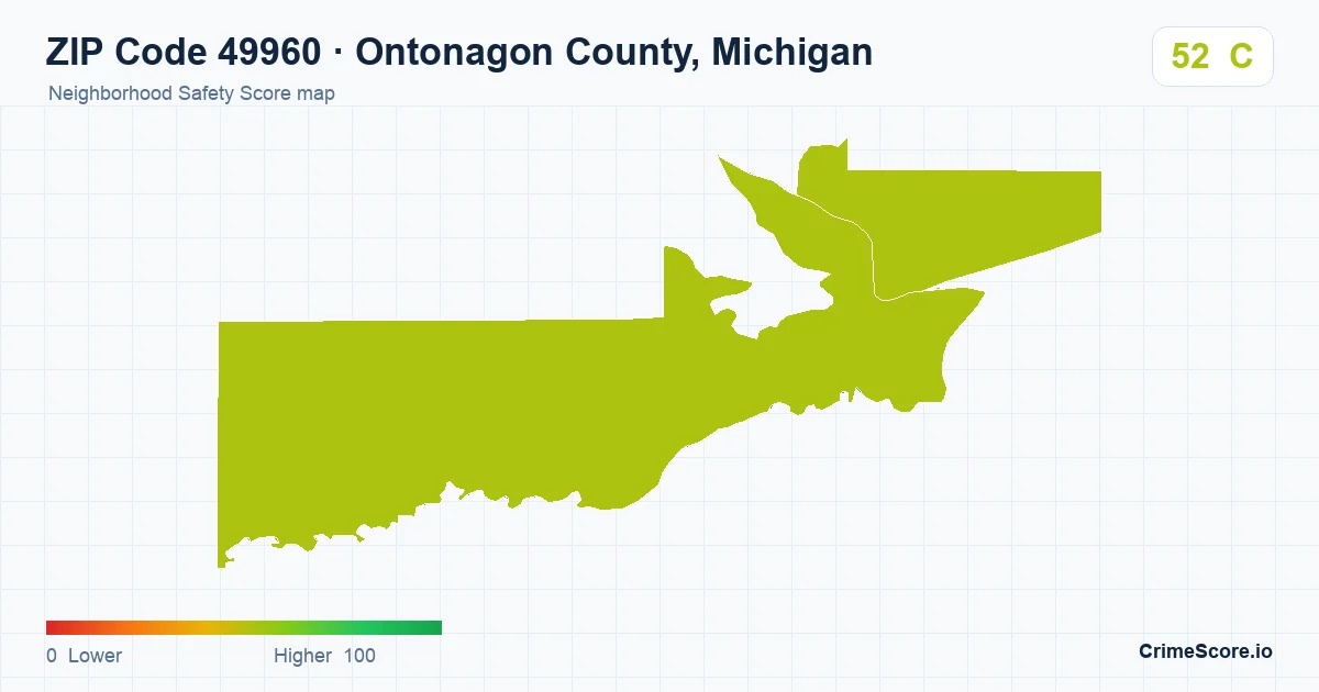 ZIP Code 49960 in Ontonagon County, Michigan neighborhood Safety Score map