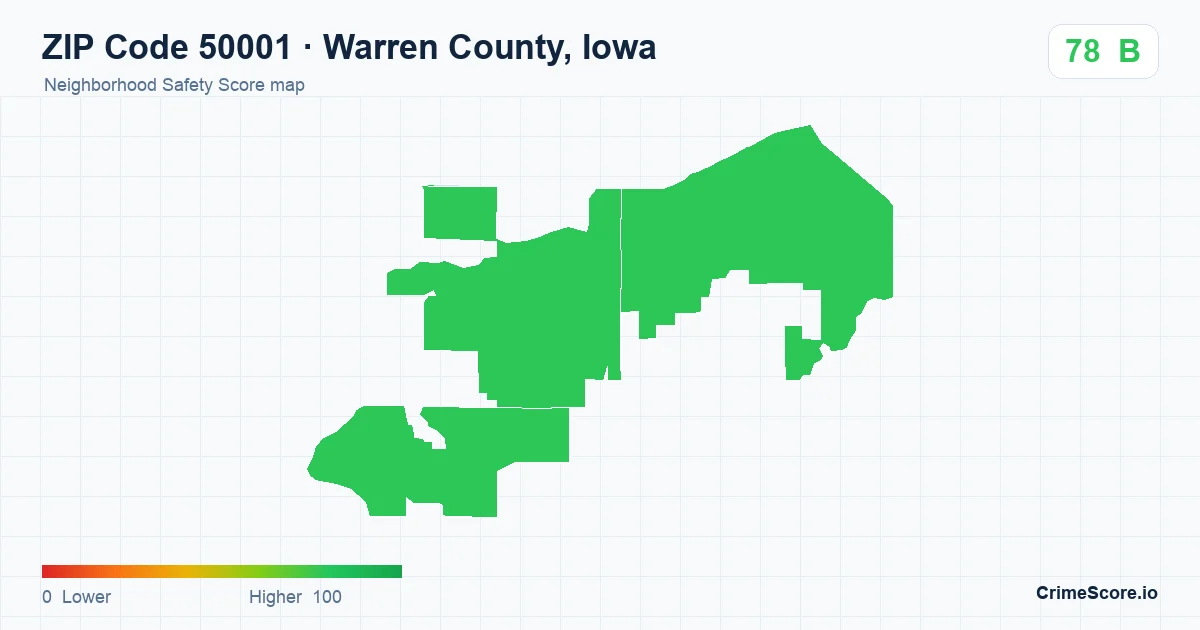 ZIP Code 50001 in Warren County, Iowa neighborhood Safety Score map