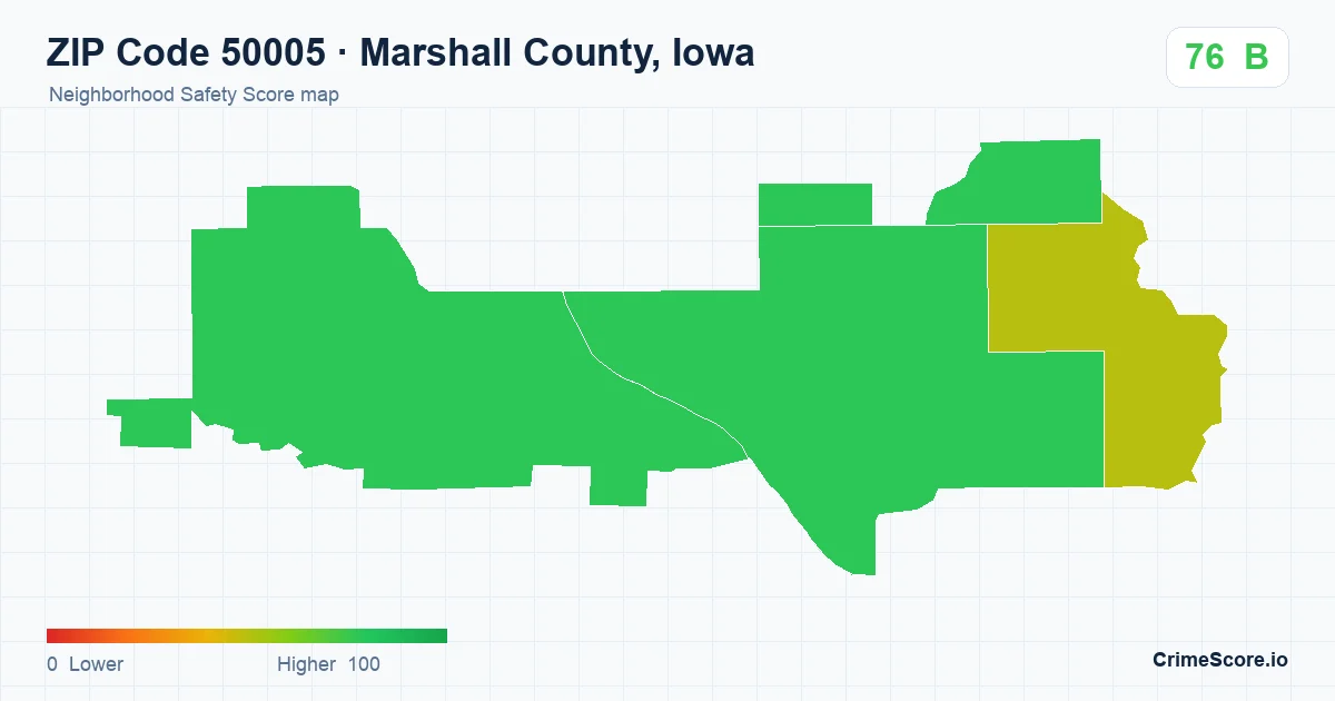 ZIP Code 50005 in Marshall County, Iowa neighborhood Safety Score map