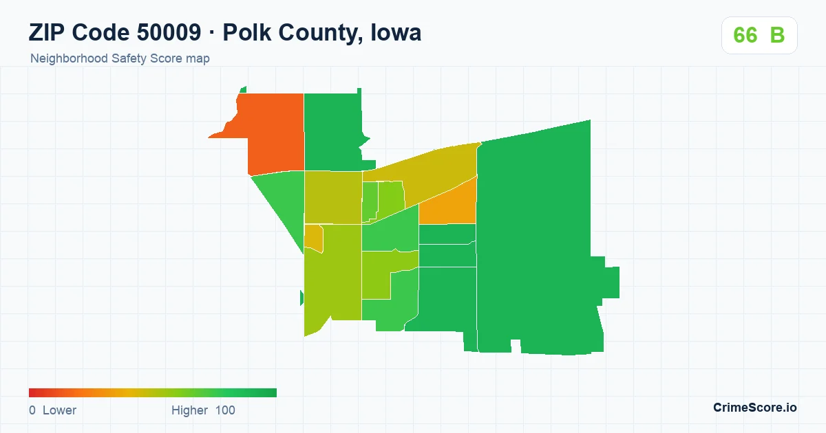 ZIP Code 50009 in Polk County, Iowa neighborhood Safety Score map