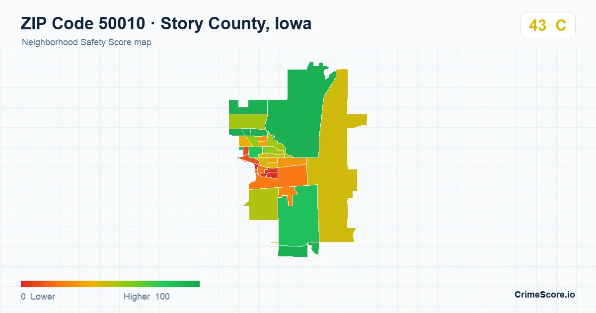ZIP Code 50010 in Story County, Iowa neighborhood Safety Score map