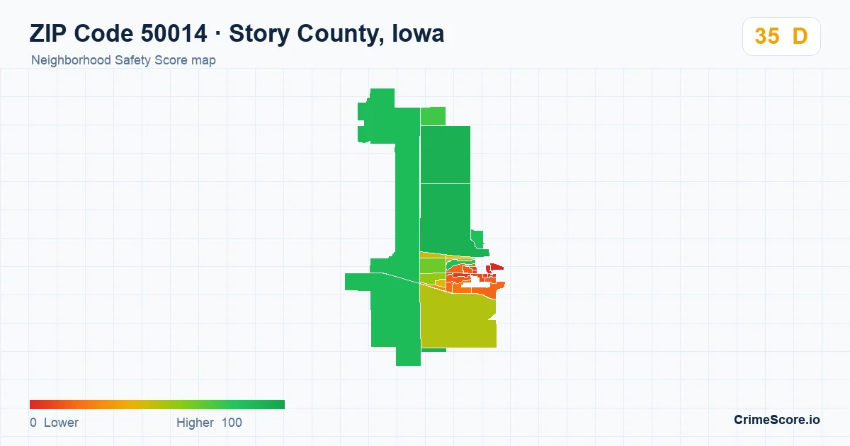 ZIP Code 50014 in Story County, Iowa neighborhood Safety Score map