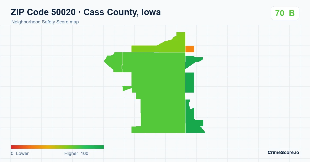 ZIP Code 50020 in Cass County, Iowa neighborhood Safety Score map