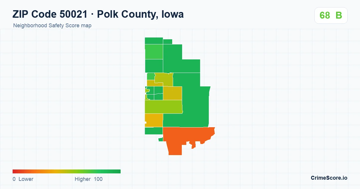 ZIP Code 50021 in Polk County, Iowa neighborhood Safety Score map