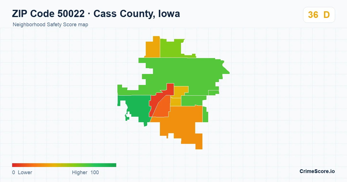 ZIP Code 50022 in Cass County, Iowa neighborhood Safety Score map
