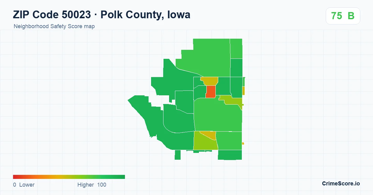ZIP Code 50023 in Polk County, Iowa neighborhood Safety Score map