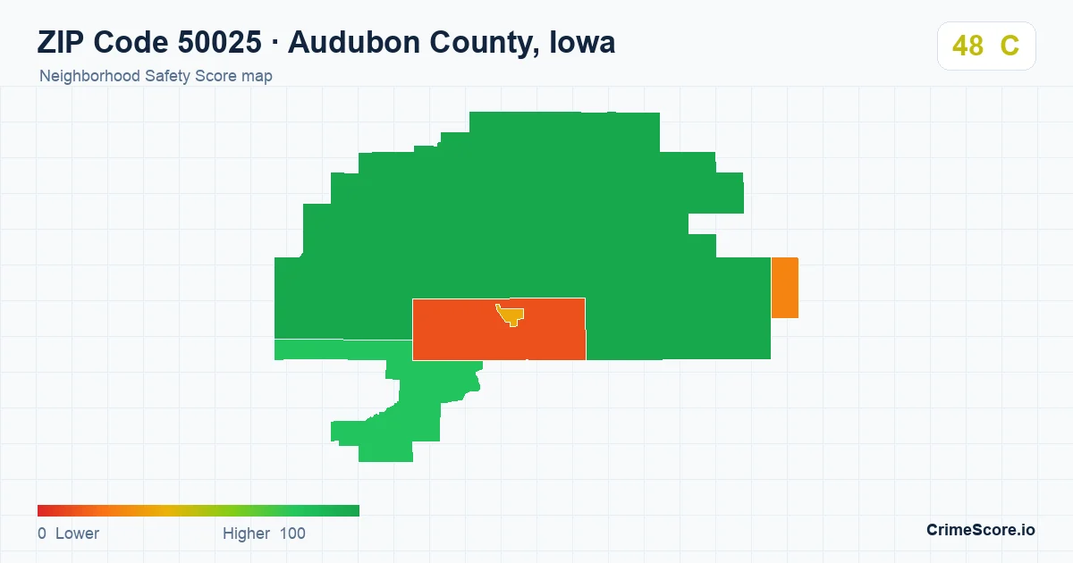ZIP Code 50025 in Audubon County, Iowa neighborhood Safety Score map