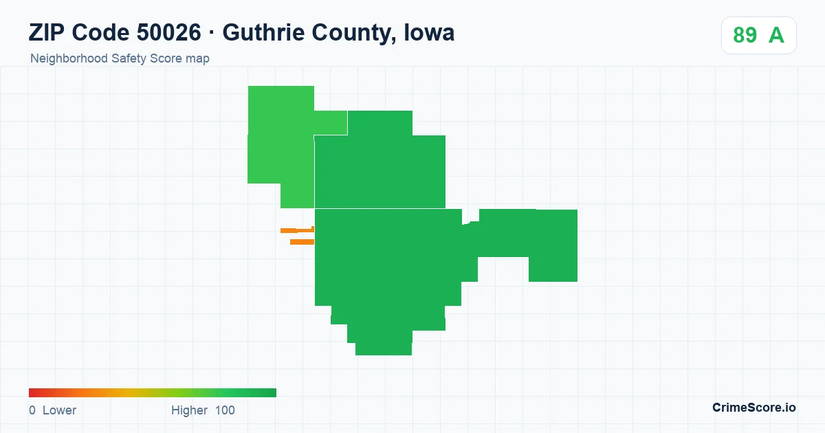 ZIP Code 50026 in Guthrie County, Iowa neighborhood Safety Score map
