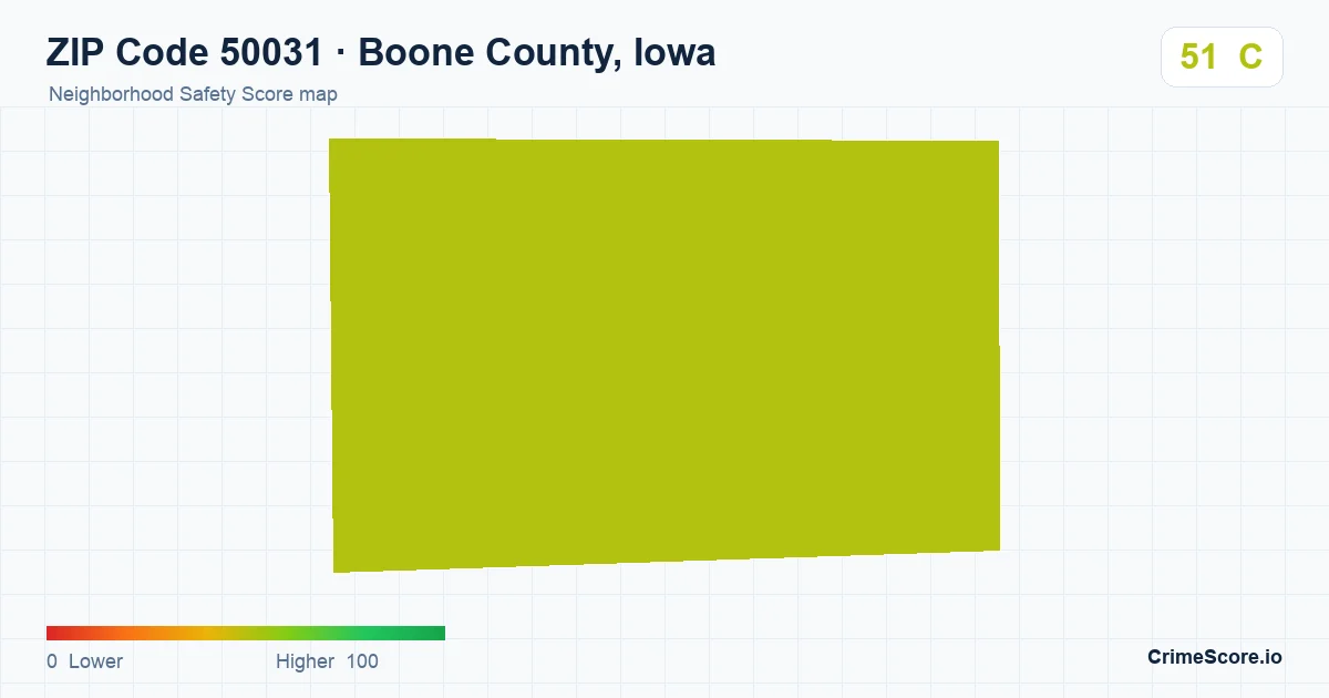 ZIP Code 50031 in Boone County, Iowa neighborhood Safety Score map