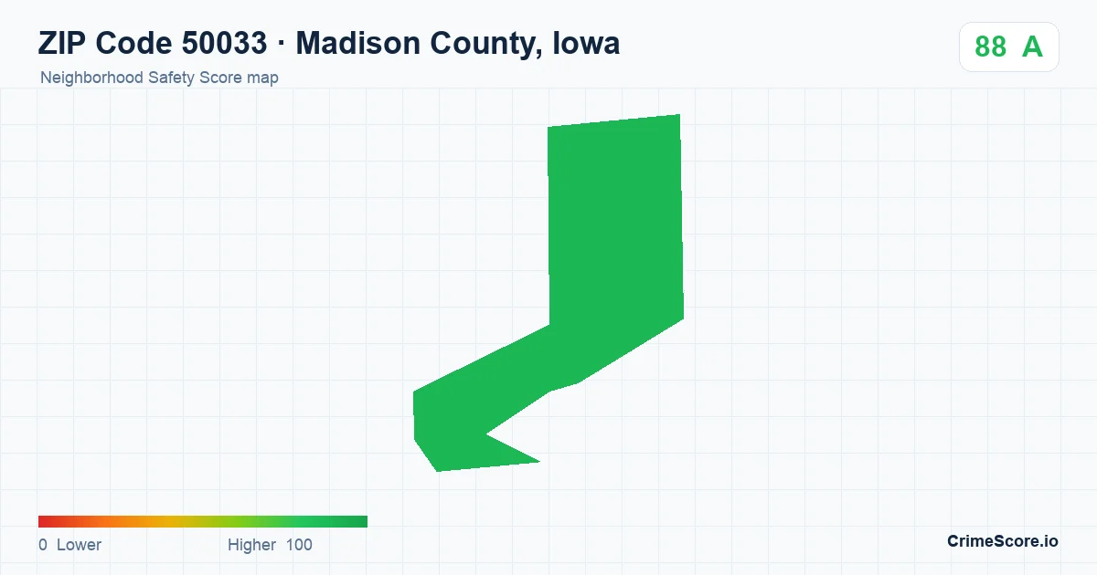 ZIP Code 50033 in Madison County, Iowa neighborhood Safety Score map