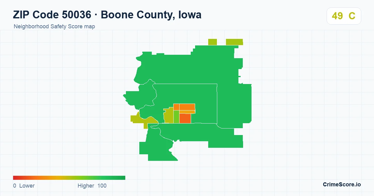 ZIP Code 50036 in Boone County, Iowa neighborhood Safety Score map