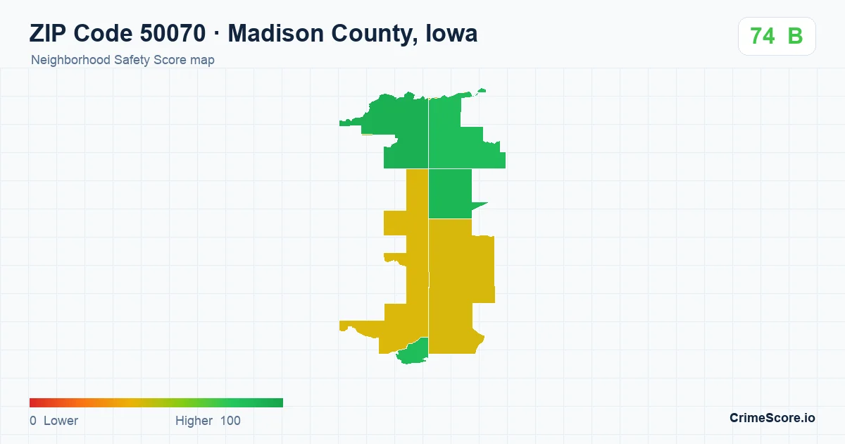 ZIP Code 50070 in Madison County, Iowa neighborhood Safety Score map