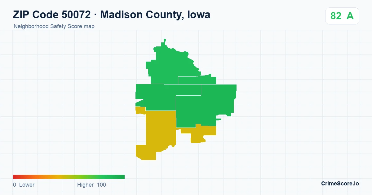 ZIP Code 50072 in Madison County, Iowa neighborhood Safety Score map
