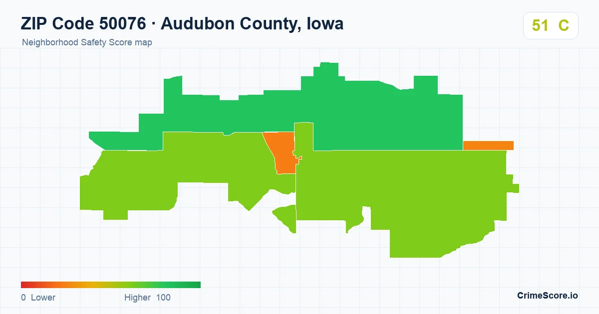ZIP Code 50076 in Audubon County, Iowa neighborhood Safety Score map