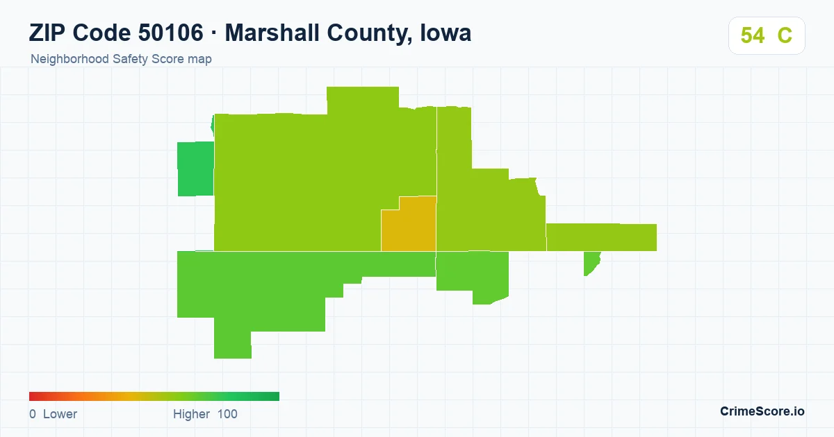 ZIP Code 50106 in Marshall County, Iowa neighborhood Safety Score map