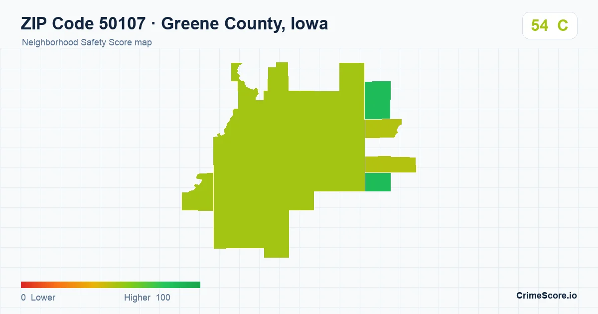 ZIP Code 50107 in Greene County, Iowa neighborhood Safety Score map