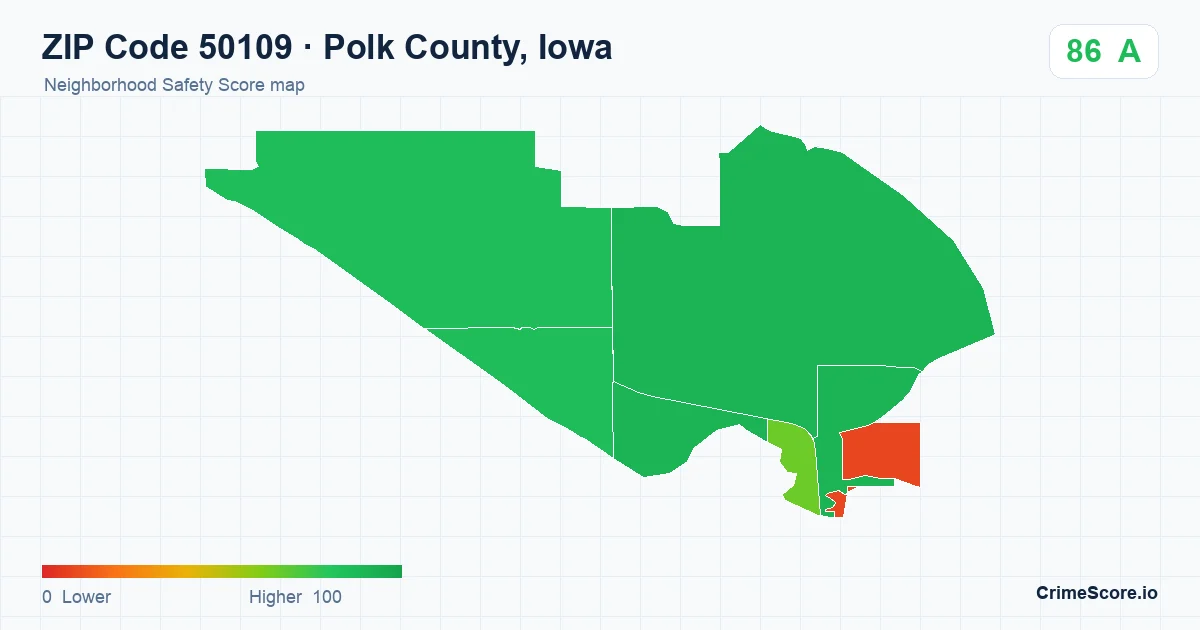 ZIP Code 50109 in Polk County, Iowa neighborhood Safety Score map