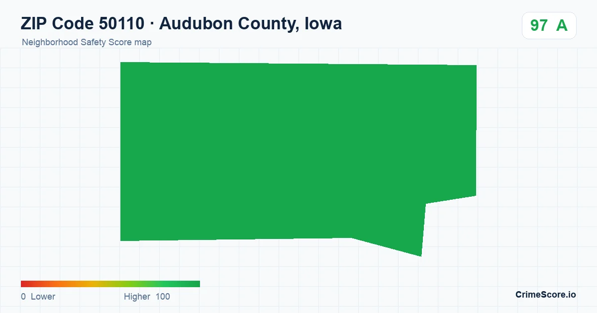 ZIP Code 50110 in Audubon County, Iowa neighborhood Safety Score map